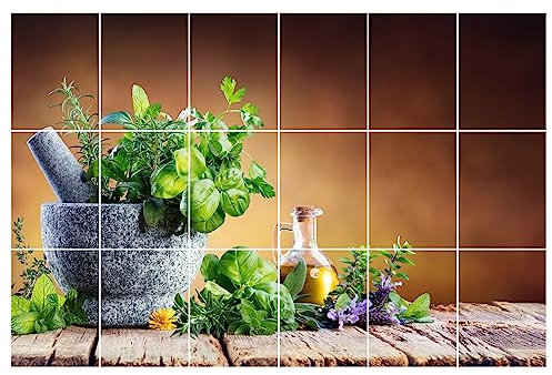 GRAZDesign Fliesenaufkleber Küche 15x20cm - 18 Stück | Kräuter braun grün wasserfeste & selbstklebende Klebefliesen | Fliesenfolie 90x60cm
