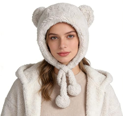Simpatico cappello invernale con cappuccio con orecchie da orso, berretto invernale in peluche a forma di cartone animato, soffice berretto da sci, cappello da sci per donne e ragazze, ciclismo,
