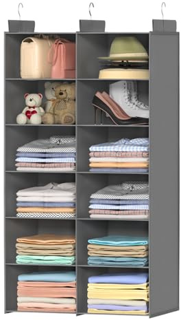ALLTIDYUP Hanging Wardrobe Organiser – Dual-Row Closet Storage with 3 Hooks, Foldable Hanging Shelves for Small Spaces, Bedroom or Dorm (Gray, 6-tier)