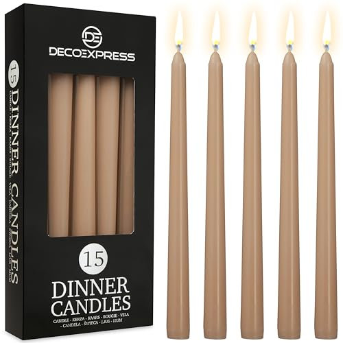 DECO EXPRESS Candles Set Classic Dripless Tapered Metallic Unscented 8H Burning Time, Decorative Dinner Candles for Restaurant Home Christmas (Cappuccino, 15 Pack)