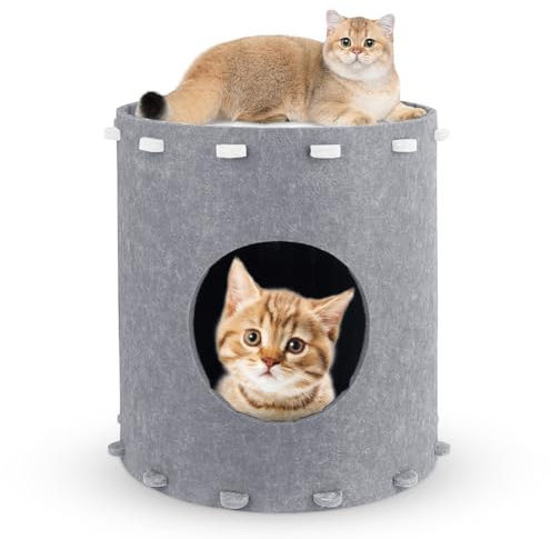 Katzenhöhle aus hochwertigem Filz, stabiles Katzenhaus Indoor & Outdoor, 2-stöckiges Katzenbett, kuscheliger Schlafplatz, Spiel- und Versteckhöhle für Katzen, Katzenkorb, Katzentunnel 41x41x42 cm Grau