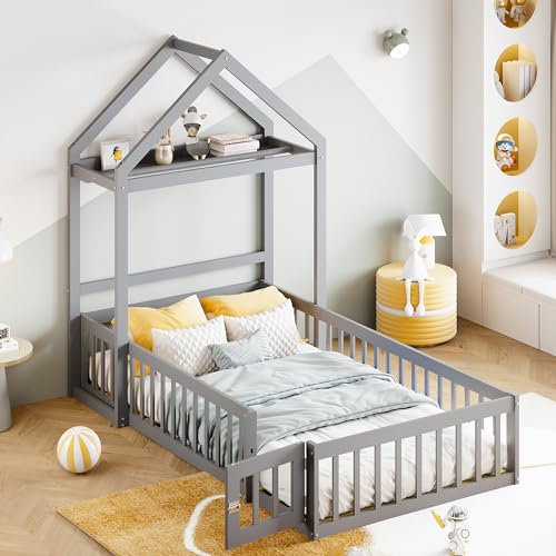 Dolamaní bodenbett 90x200 cm mit Tür und Lattenrost, Kinderbett Vollschutzgitter Schutz, Stauraum Gestell-Unterstützung-Vom Bettrahmen abnehmbar (Grau)