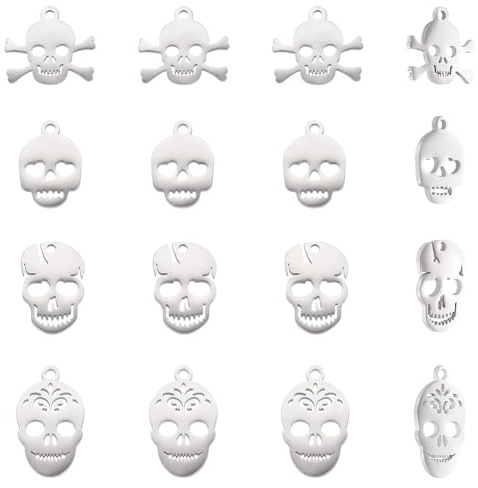 UNICRAFTALE 16 Stück 4 Stile Totenkopf Anhänger Edelstahl Anhänger Flache Totenkopf Anhänger Skelettkopf Anhänger Vintage Halloween Anhänger Retro Metall Anhänger Für Die Herstellung Halloween Schmuck