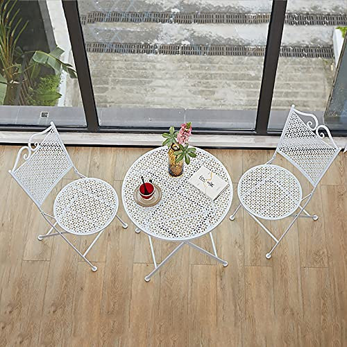 CCKUHN Gartentische und -stühle aus Schmiedeeisen, einfacher, Kleiner, runder Klapptisch im europäischen Stil, tragbarer Freizeitstuhl für Terrasse/Außenbereich/Innenhof (weiß)