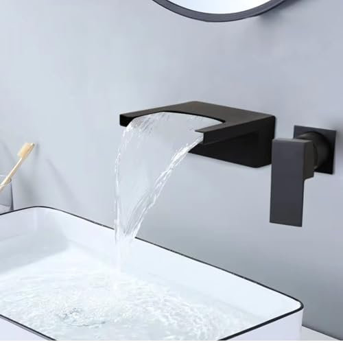 GLYYR Wandmontage Wasserhahn Bad, Unterputz Wasserfall Waschtischarmatur Wand Mischbatterie, Wandarmatur Bad aus Messing, Badarmatur Heiß Und Kalt, Schwarz