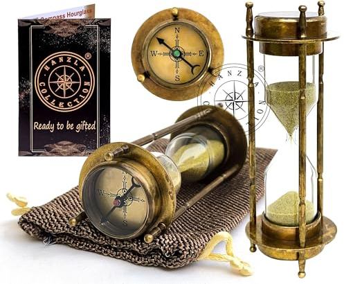 Messing-Kompass-Sanduhr mit Juteetui, nautische maritime Sanduhr, Vintage-Stil, Sanduhr, Metall, Sanduhr, dekoratives Sandglas für Geschenk und Heimbüro, Schreibtischdekoration