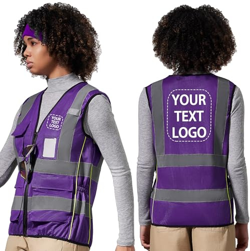 AYKRM Gilets haute visibilité Violet femme imprimés personnalisés Fermeture à glissière poches LOGO Gilet de sécurité réfléchissant femme
