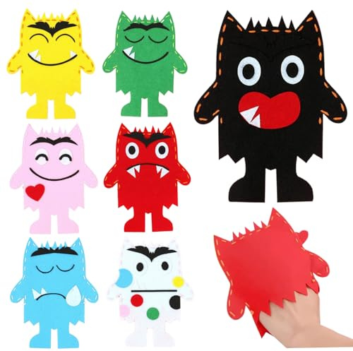 Farbmonster Handpuppen, 7pcs emotionale Traurigkeit Plüsch-Fingerpuppen, Nicht gewebte Stoff Monster Puppet, DIY Early Learning Sockenpuppen für Geburtstagsfeier so tun, als ob Party-Vorräte.