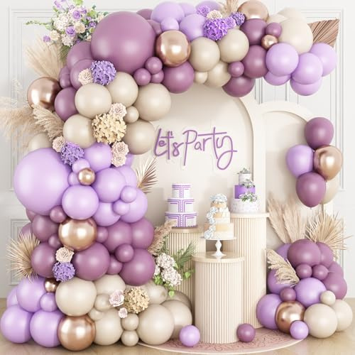 Dusty Purple Balloon Arch Kit,Boho Balloon Garland with Purple Metallic Champagne Gold White Sand Balloons for Girl Baby Shower Valentines Day Engagement Bridal Birthday Wedding Party Decoration
