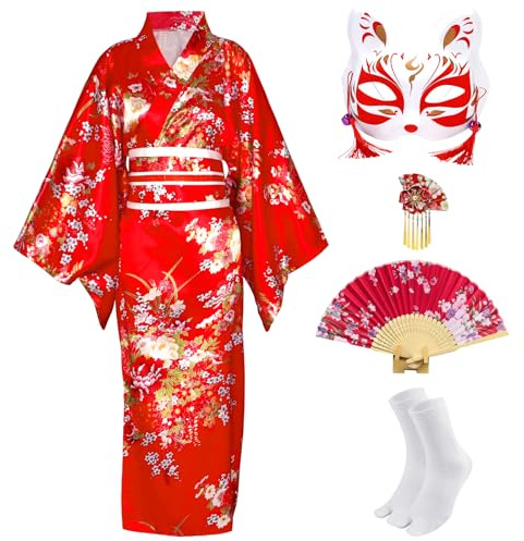 CRFASIBE 5 Pezzi Kimono da Donna a Motivo Fiore, Giapponese Vestaglie Kimono Set di Costumi, Tradizionale Yukata Geisha Vestito per Cospaly con Maschera(Rosso)