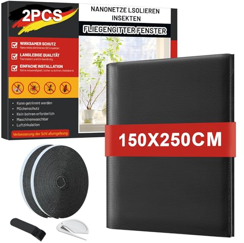 ZUIYIN Fliegengitter Fenster Insect Stop 2er Pack,Insektenschutz Fenster Ohne Bohren 150x250 cm, Fliegennetz, Mückennetz Fenster, Fenstergitter Insektenschutz, Schwarz