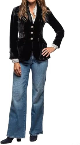Blazer de Terciopelo Ajustado con Abertura para Mujer Chaqueta de Terciopelo de Manga Larga para Oficina Estilo Vintage con Cuello en V y Botones en la Parte Delantera para Oficina (Negro,XXL)