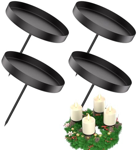 LanpoVista Kerzenhalter Adventskranz für Stumpenkerzen 4er Set: 6cm Kerzenständer Schwarz mit Dorn für Adventskranz Deko | Metall Kerzenhalter Stumpenkerzen | Weihnachtskranz Tisch Deko