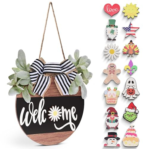 Interchangeable Welcome Sign for Front Door, 12 Rustic Wood Wreath with 14 Seasonal Icons, Year-Round Porch Decor & Housewarming Gift