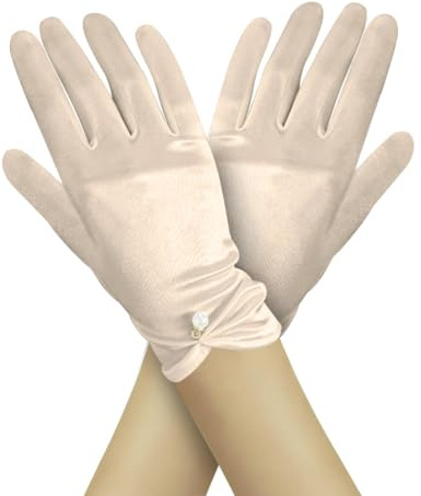 LuckyOpt Short Satin Gloves for Women, Elastic Wedding Gloves with Pearl Pedant, Bridal Glove Women's Pearl Glove for Wedding Opera Dinner Party (Champagne)