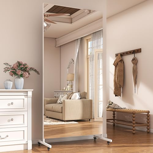 Hasipu Ganzkörperspiegel 190 x 70 cm, 360° Drehbar Standspiegel mit Rollen, Gehärtetes Glas Home Gym Tanzspiegel für Schlafzimmer Fitnessraum Yoga