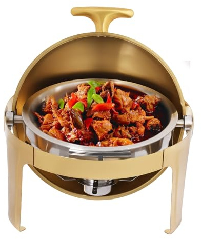 Chafing Dish Buffet Set, 9L/9.51Qt Round Food Warmer for Catering Buffet with Lid Holder, Stainless Steel Warming Containers for Commercial Catering, Buffets and Any Party, Gold