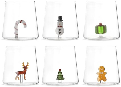 H&H Set di 12 Bicchieri in Vetro Borosilicato con Decorazioni Natalizie - 480ml, Lavabili in Lavastoviglie - Idea Regalo di Natale, Segnaposto Tavola e Cadeau Ospiti