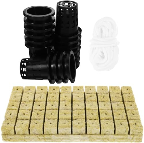 GANAZONO Kit de Plantación Hidropónica Cestas de Plástico Autorriego para Cultivo sin Tierra, Incluye 50 Cestas 25x25x40 Mm y 10 M de Cuerda de Algodón, Apto para Jardinería Hidropónica