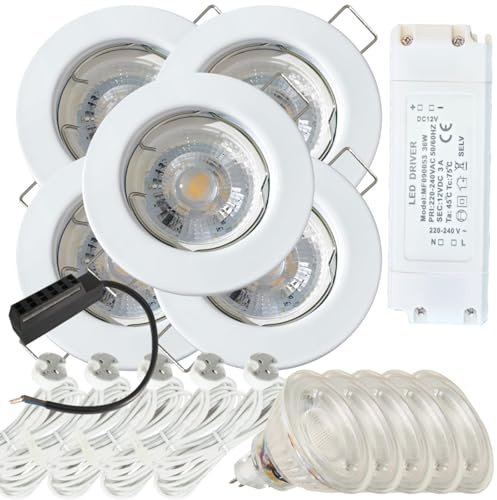 Lichtfaktor24 5er Set LED Einbaustrahler Tom 12V 5W - Rahmen in Weiß - 3000K Warmweiß, 400 lm - mit Trafo, Verteiler und MR16-Fassungen inkl. 120 cm Kabel - Für den Austausch bestehender Halogenspots
