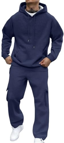 Classic Mens 2 Piece Outdoor Sport Tracksuit Fleece Lined Solid Color Sweatshirt Elastic Waist Cargo Pants Fashion Casual Sweatsuits Full Set Navy XXXL