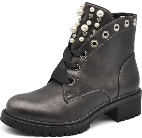 IF Fashion Stivaletti Stivali Scarpe da Donna Lacci Anfibi borchie Perle Perline Nastro Strass MS1555 gun Canna di fucile N.36