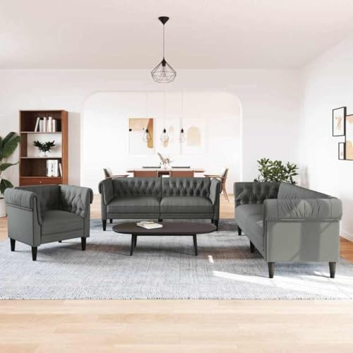 GeenYuu Sofa Set Dunkelgrau Stoff, 6-Sitzer Couchgarnitur mit Plüscharmlehnen, Polyester, klassisches Design, langlebig, atmungsaktiv, für Wohnzimmer, Schlafzimmer, Bequeme Pflege