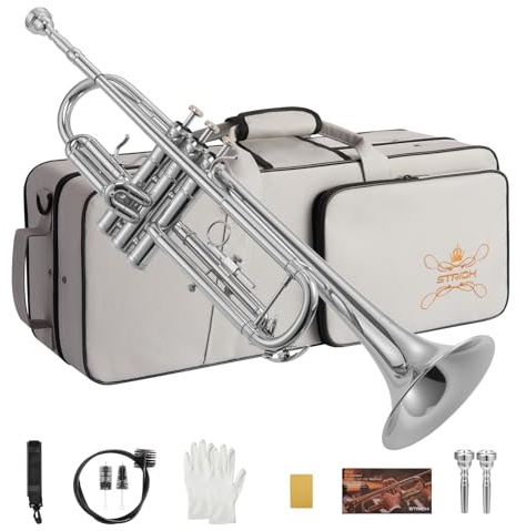 STRICH Bb Standard-Trompeten-Set für Anfänger, Blechblasinstrument für Schüler mit Hartschalenkoffer, Reinigungsset, Mundstücken 7C und 3C, Handschuhen – STR-1S, Silber