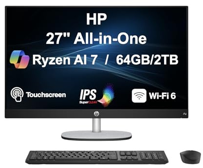 HP 27 AI PC All-in-One 27 Touchscreen IPS FHD Display (AMD Ryzen AI 7 350, 64GB DDR5, 2TB PCIe SSD, AMD Radeon, WiFi 6, Webcam, Bluetooth 5.4, Win 11 Home)