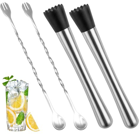 2pcs 25cm Cocktail Muddler and 2pcs 26cm Spoons, Bar Tool Set with Stainless Steel Muddlers and Long Spoons, Professional Cocktail Making Kit for Home Bartenders and Party Hosts