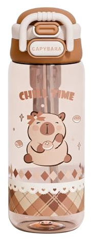 MyrkalaToy Botella de Agua Capybara con Tapa y Llavero Lindo Botella de Agua con Pajita de Silicona Vaso Portátil Resistente al Calor para niños, a prueba de fugas, para niñas, niños, viajes