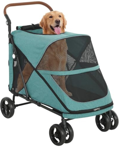PawHut Carrito para Perros y Gatos Grande Plegable hasta 30 kg Turquesa | Plegable con un Botón, Cochecito para Perros Medianos y Grandes, Suspensión 4 Ruedas, Giratorio, Freno de Pie, Cojín Lavable
