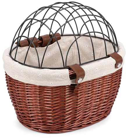 Hundekorb für Fahrrad, Vintage-Hundefahrradkorb – handgewebter Korb-Haustierträger mit Eisendeckel und sicheren Lederriemen, braun.