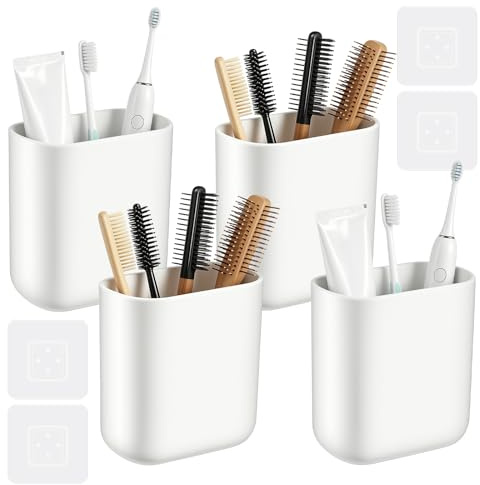 4 er Set Zahnbürstenhalter Wand ohne Bohren mit Abflussloch ABS | Abnehmbar Wand Zahnbürstenhalter Wand, Selbstklebendes Design für Wohnzimmer, Küche und Badezimmer