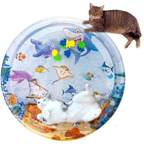 Nudorpn Tapis d'eau pour Chat,Thickened Interactive Pet Bed,Coussin d'eau avec Poissons Flottants | pour Intérieur Extérieur Salon Jardin Terrasse Voyage Piscine Été