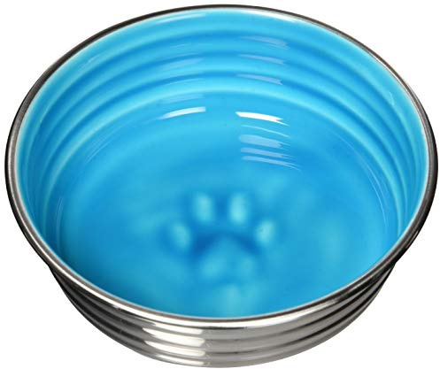 Loving Pets Le Bol Glazed Stainless Steel Dog Bowl, Siene Blue, S (500ml) | Ceramic-Like Interior, Non-Slip Rubber Base, Easy to Clean, Skid & Spill Preventing, For Dogs & Cats