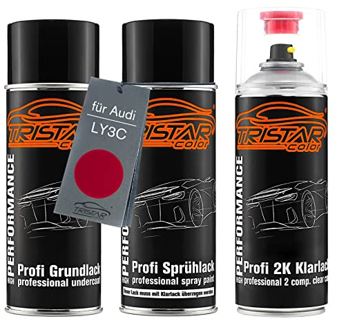 TRISTARcolor Autolack 2K Spraydosen Set für Audi LY3C Amulettrot Grundlack Basislack 2 Komponenten Klarlack Sprühdose