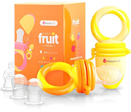 NatureBond Fruchtsauger Baby Obstschnuller für Babys (2 Fruchtsauger + 6 Schnuller) - Schnuller für Obst, Gemüse & Babynahrung 3 Monate + Beißring, BPA frei (Sunshine Orange & Lemonade Yellow)