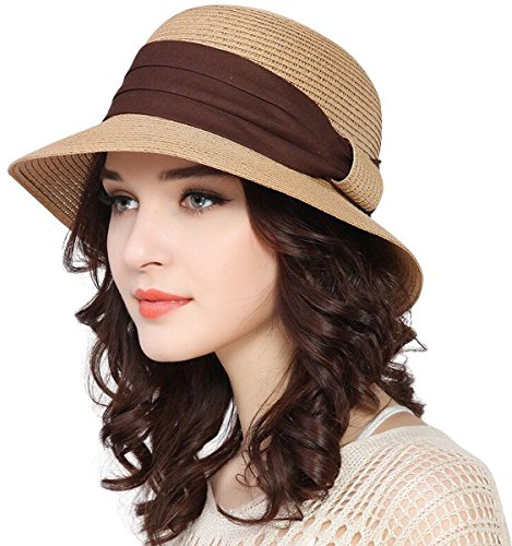 JOYEBUY Fedora Strandhut für Damen, breite Krempe, Strohhut für den Sommer, verstaubar, LSF 50+, khaki, Einheitsgröße