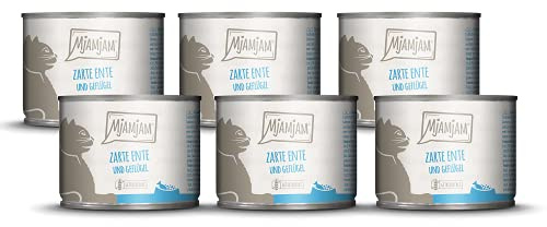 MjAMjAM - cibo umido premium per gatti - tenera anatra e pollame con deliziose carote, confezione da 6 (6 x 200 g), senza cereali con carne extra