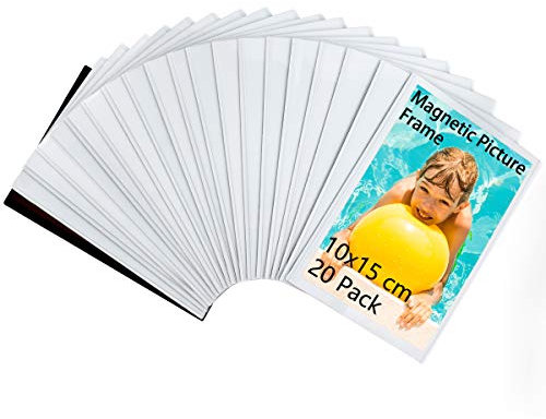 HIIMIEI Magnetische Bilderrahmen Fotorahmen (20 Stück) - Acryl Magnet Fototaschen für Kühlschrank für Fotos Postkarten von 10 x 15 cm - Weiß