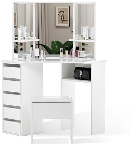 CLIPOP Schminktisch mit 3 Spiegeln Eckschminktisch Frisiertisch Kosmetiktisch mit 5 Schubladen und Gepolsterte Samt Hocker Großer Moderner Frisierkommode Weiß