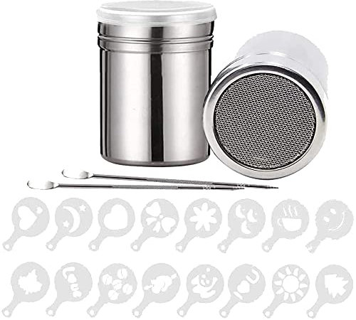 2Pcs Edelstahl Pulverstreuer, BetterJonny Chocolastreuer Kakaostreuer mit feinmaschigem Deckel 16Pcs Kaffee Cappuccino Schablone 2Pcs Barista Stift für Cappuccino Milchschaum Heiße Schokolade