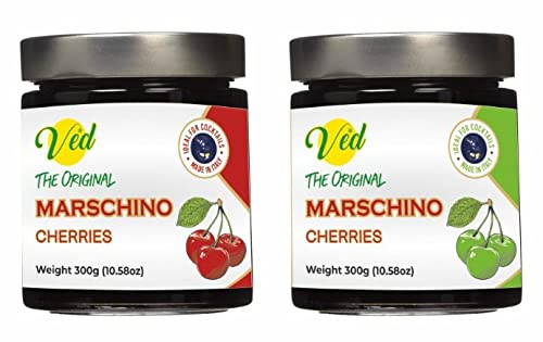 Ved Gourmet Originale Ciliegie al Maraschino Rosse e Verdi - Ciliegia Italiana per Cocktail Old Fashioned - Cocktail Vegano, Ciliegie Bourbon in Sciroppo Naturale per Guarnire Cocktail