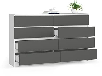 BDW Kommode, 8 Schubladen, viel Stauraum, Kleiderschrank, Flur, Badezimmerschrank, Kommode, Multifunktionsschrank. Abmessungen: 160 x 99 x 40 (Weiß - Grau)