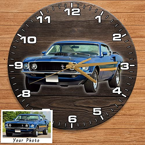 Kool-Kool Personalized Photo Wall Clock for Classic Car American Muscle Car Lovers, 12 Inch Wooden Round Clock, Classic Car Home Decor, Car Enthusiast Xmas Gift