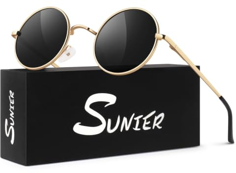 Sunier Rund Sonnenbrille Herren Polarisiert, Retro Kleine Hippie Brille | Leichtmetall-Kleinrahmen, 30° Flex-Scharnier, 100% UV400 Schutz, Schmale, Steampunk, Unisex, Verspiegelte, Festivals, Partys