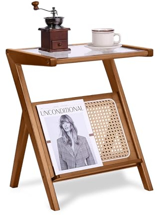 Tiita Rattan-Beistelltisch, Mid-Century Nachttisch, Bambus-Akzent-Nachttische, Glas-Couchtische, Boho-Holz-Beistelltisch mit Stauraum für kleinen Raum, Wohnzimmer und Schlafzimmer