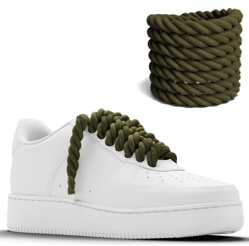 Chunky Laces - Cordones de cuerda de algodón verde caqui de 10 mm con puntas transparentes, 160 cm de longitud, compatible con Air Force 1, cordón de macramé, cuerda gruesa verde bosque, cordones AF,