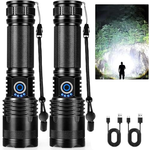 Rechargeable LED Flashlights High Lumens, 90,000 Lumens Super Bright Flashlights with 5 Modes, Waterproof Powerful Flash Light Multifunctional Flashlights for Home Camping Hiking (2 Pack)